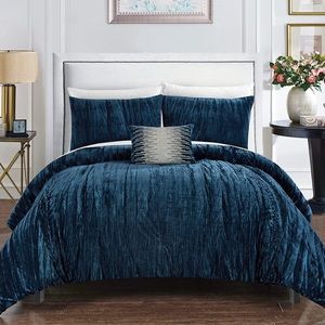 4 Piece Navy Comforter Set - crushed velvet